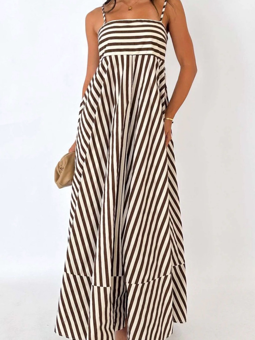 Striped Pleated Cami Long Dress .Pocket - Picture 2 of 10